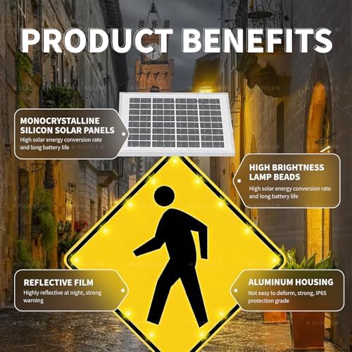 24x24in Solar Pedestrian Crossing Sign Flashing LED Highlight Road Traffic Blinking Street Warning Sign, Aluminum IP65 Weatherproof Crosswalk Signs for Park School Urban 30inches - Image 6