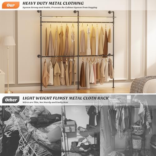Aheaplus Industrial Pipe Clothing Rack, 79.7'' Closet System with LED Light - Image 4