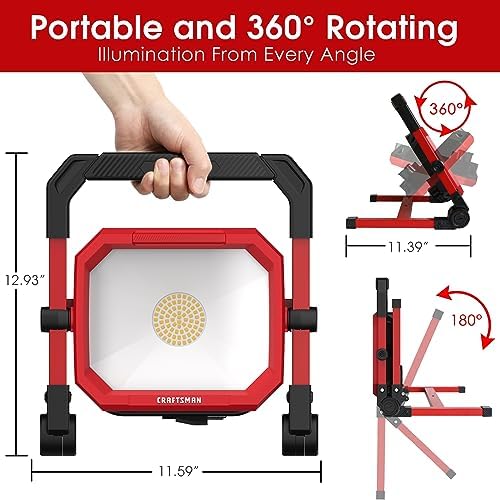 CRAFTSMAN 4500LM 46W LED Work Light, Wet Rated, 450W Equivalent, 5ft 1.52m Cord with Plug, 4000K, Fold-Flat Design, 360° Rotating Head, Portable Working Lights for Workshop Garage, Construction Site - Image 2