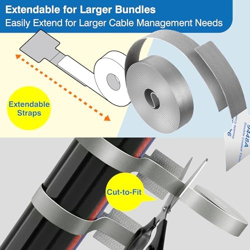Cable Management Kit – 40 Self-Adhesive Hook & Loop Cable Ties with 2 Extension Straps, Strong Adhesive Cord Organizer for Desk, Wall, Home & Office, Adjustable Wire Holders, Grey & White - Image 4