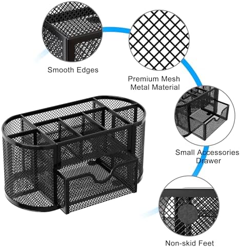 EasyPAG Mesh Pen Holder Desk Organizer with Drawer Stationery Supplies Organizer for Dorm School 9 Compartments Workspace Desk Accessories Organization for Office, Black - Image 4