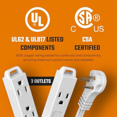 Flat 3-Outlet Extension Cord 10 Ft for Indoor Use by Bindmaster- UL-Listed 3-Prong Multi Extension Wire- Space-Saving Flat Angled Extension Cord (3 Pack) - Image 6