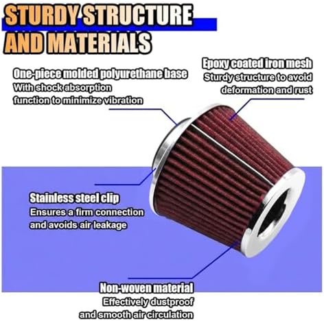 LAINLOY Universal Clamp-On Air Intake Filter for Cars, 76MM, Red - Image 3