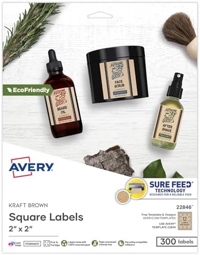 Avery Kraft Brown Square Labels with Sure Feed Technology, 2" x 2", Print to the Edge, Laser/Inkjet Printable Labels, 300 Total (22846) by Avery