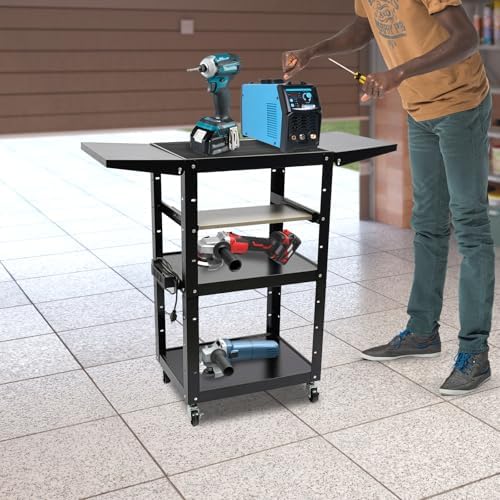 Steel Rolling Cart with Wheels, Height Adjustable Metal AV Cart Heavy Duty Rolling Work Station Media Projector Cart with Folding Drop Leaves, Supports Up to 300 LBs, 24'' x 18'' x 41.75'' - Image 3