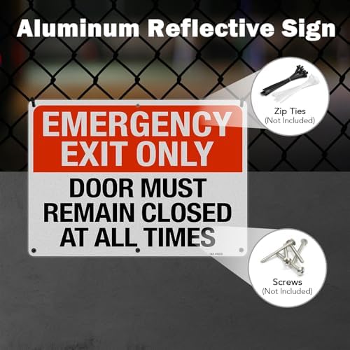 T&R Large Emergency Exit Only Sign Door Must Remain Closed At All Times - 2 Pack - 14 x 10 Inches Rust Free .040 Aluminum Reflective - UV Protected, Waterproof, Weatherproof and Fade Resistant - 6 Pre-drilled Holes - Image 5