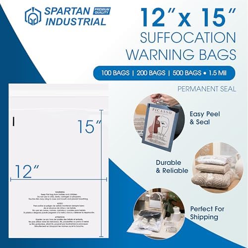 12” X 15” (100 Count) Self Seal Clear Poly Bags with Suffocation Warning - Image 2