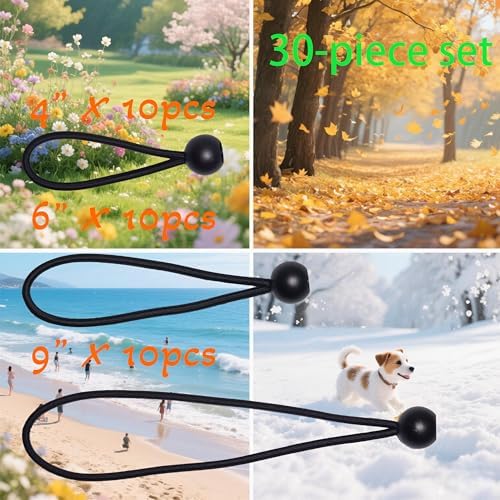 Bungee Cords with Balls 30 Pack, Ball Bungee Cords Comes in Three Sizes: 4 "6" 9", UV Resistant, Antioxidant, Secure Tie Down. (30, Black) - Image 2