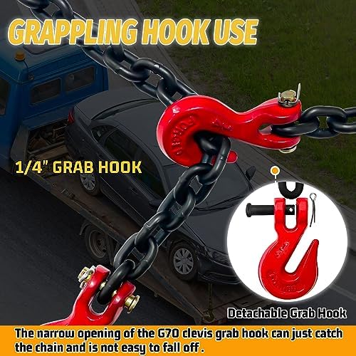 Tow Chain, 12 FT 1/4" Chain, G80 Trailer Safety Chain with G70 Hooks, Wll 3300 LBS Heavy Duty Chain for Trailer Truck Tie Down Binding Equipment(Oiled Black) - Image 3