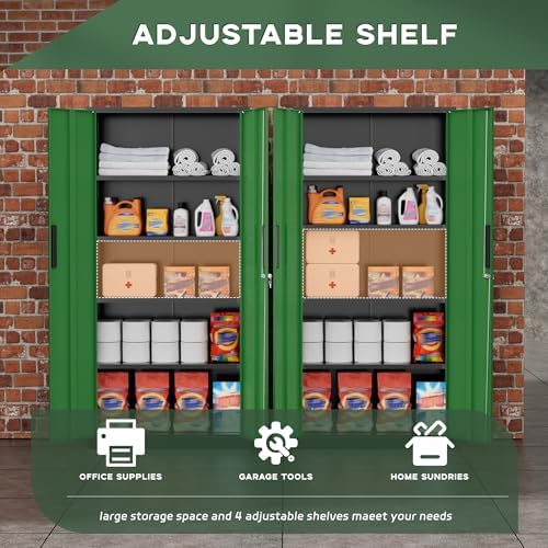 Greenvelly Metal Garage Storage Cabinet, 72" Black Green Tool Steel Locking Cabinet with Doors and 4 Shelves, Tall Cabinets for Garage Storage Systems Lockable File Cabinet for Home Office,Garage - Image 5