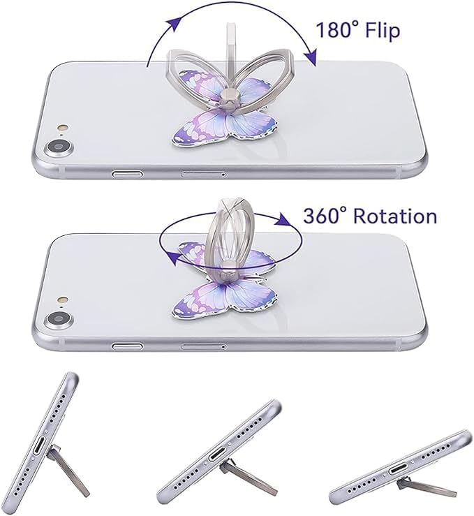 5 Pcs Butterfly Cell Phone Ring Stand Holder, Cute Butterfly Design Finger 360° Rotating Metal Hand Phone Stand Holder, with Adjustable Knob Loop (Purple, Blue,Green,Yellow,Pink) - Image 3