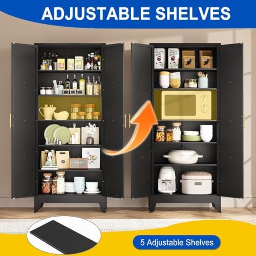 75" Metal Storage Cabinet with 2 Doors and 5 Adjustable Shelves,Black Farmhouse Kitchen Pantry Cabinet,Steel Garage Tool Cabinet,File Cabinetfor Home,Office,Dinning Living Room,Warehouse - Image 5
