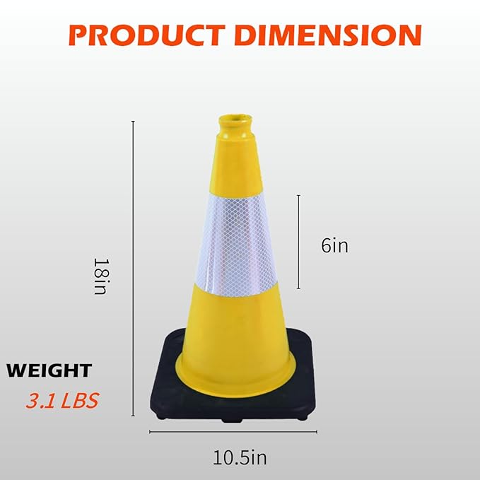 4 Pack 18 Inch Yellow PVC Safety Cones Black Base Stable, Driving School - Image 2