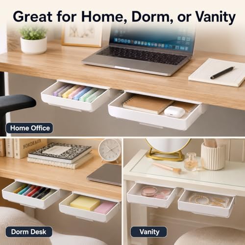 YOOUSOO Under Desk Drawer Organizer, 2 Pack Self Adhesive Slide Out Desk Storage Drawers, Hidden Desk Drawer Attachment for Pens, Notes, Cables, Earbuds and Small Office Accessories - Image 6