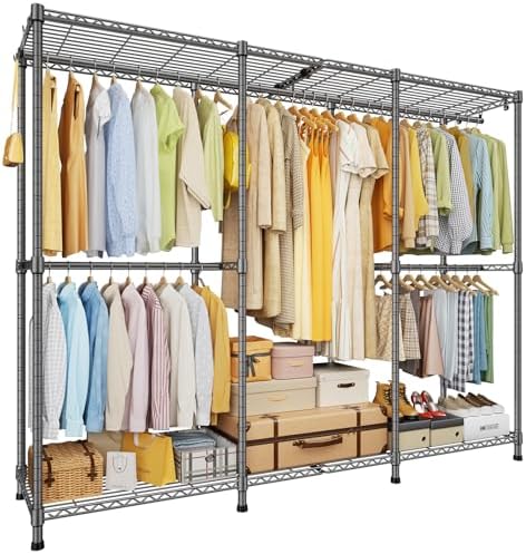 ULIFHOME E14 Pro Heavy Duty Clothes Rack，Freestanding Clothing Racks for Hanging Clothes，Adjustable Closet Organizers and Storage，Metal Garment Rack with Shelves 69"W x16"D x77"H，Max Load 960LBS，Grey by UlifHome
