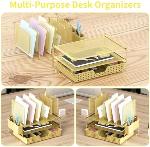 LEKETREE Gold Desk Organizer, Office Organization with Vertical File Holder, File Organizer with Drawer and Pen Holder, Desk Accessories and Workspace Organizers for Home Office (Gold) - Image 6