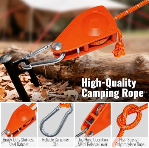 4Pack 6mm Reflective Guy Lines, Heavy‑Duty Tent Rope Tie Down Rope Line, Ultralight Camping Rope with Ratchet Pulley & 2 Metal Buckles, Aluminum Adjuster for Tarp Canopy Kayak Outdoor Camping, 16.5ft - Image 6