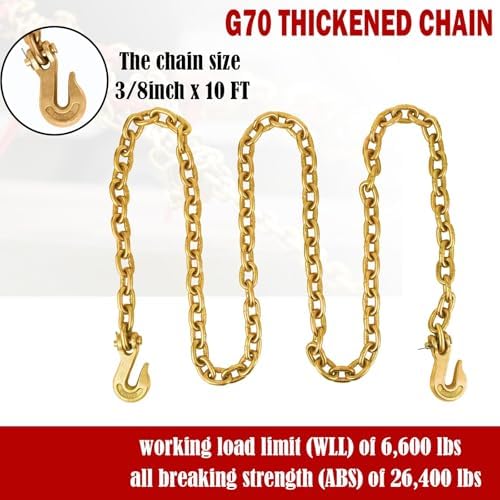 2Pcs Chain and Binder Kit, 3/8"-1/2" Ratchet Load Binders 9200 lbs Load Limit, 3/8 in ×10 ft Chains, Load Transport Binder Chain with Grappling Hook,for Industrial, Agricultural, Logging - Image 4