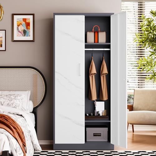Letaya Wardrobe Closet, 72" H Clothing Storage Cabinet with Adjustable Shelves and Hanging Rod, Bedroom Armoire Clothes Organizer (White Gray) - Image 2