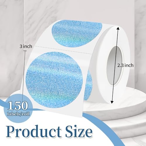 3 Inch Holographic Thermal Labels,Round Thermal Printer Labels,Waterproof Thermal Printer Stickers for DIY Logo Design,Name Tag,QR Code,Thanks Card 150 Labels/Roll (Blue dots) - Image 2