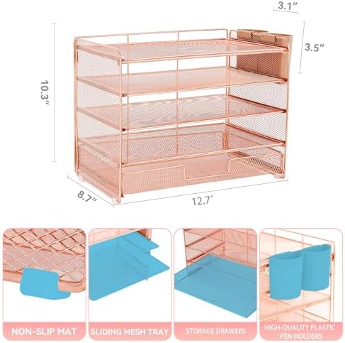 LEKETREE Desk Organizer and Accessories, 5-Tier Paper Letter Tray Organizer with Drawer & 2 Pen Holders for Desktop File Organization, Office Desk Accessories for Supplies Storage (Rose Gold) - Image 2