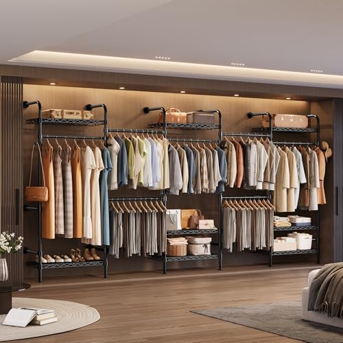 Wall Mounted Closet System, Heavy Duty 5-Row Clothes Rack, Expandable Industrial Pipe Closet Organizers and Storage with 4 Telescopic Rods, 3 Fixed Rods, 6 Hooks & 8 Shelves for Wardrobe, Bedroom by Unknown