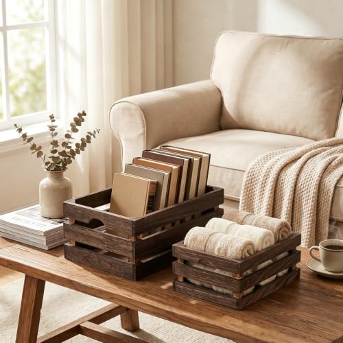 3 Pack Nesting Wooden Crates for Display Decorative Boxes, Decorative Farmhouse Rustic Wood Basket with Handles, Vintage Wood Box Display Risers for Home, Kitchen Pantry Cabinet, Shelf, Counter - Image 5