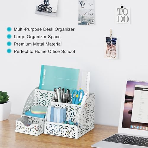 EasyPAG Desk Organizer and Pen Holder for Desk, Mesh Office Supplies Storage Caddy with Drawer for Small Space, Desktop Organizer for Home Office, White - Image 3