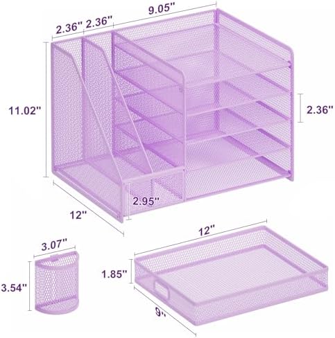Marbrasse Desk Organizer with File Holder, 5-Tier Paper Letter Tray Organizer with Drawer and 2 Pen Holder, Mesh Desktop Organizer and Storage with Magazine Holder for Office Supplies(Purple) - Image 6