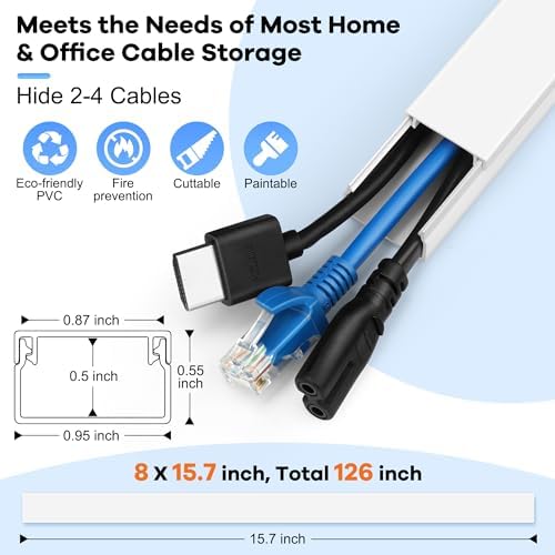 126in(8 x L15.7in) Cord Hider Kit, Wire Covers for TV on Wall, Paintable Cable Management Kit, Cable Cover for Mounted TV, Hide Wires Along Wall, Grey Cord Cover, W0.95in H0.55in - Image 2