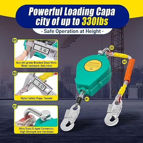 23FT 330LBS Self-Retracting Lifeline Lanyard with Double Braking System,Fall Arrester Fall Protection Alloy Steel, W/Hook& Rope for High-Altitude Work - Image 4
