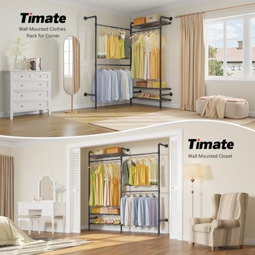 Timate F2 Industrial Pipe Clothes Rack Wall Mounted Clothing Rack for Hanging Clothes, Expandable Garment Racks Heavy Duty Wardrobe Closet Organizer and Storage, Black Adjustable Industrial Closet Kit - Image 3