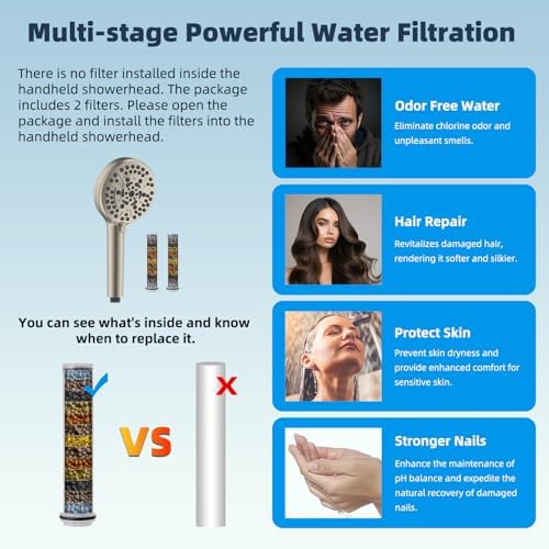 Hibbent All Metal 12'' Filtered Rainfall Shower Head Combo, High Pressure Handheld Shower Head with 12'' Adjustable Curved Extension Arm, 20 Stage Shower Filter, 10-spray, 71'' Hose, Brushed Nickel - Image 5