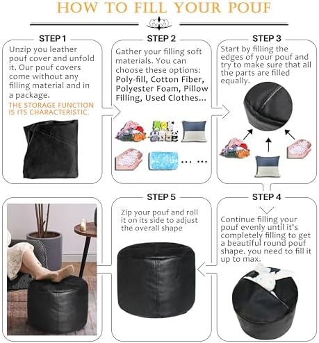 Thgonwid Unstuffed Faux Leather Pouf Cover, Handmade Footstool Ottoman Storage Solution, Floor Footrest Cushion - 16.5" Dx12 H, Pure Black - Image 5