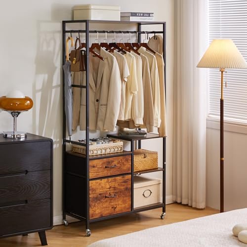 Aibiju Clothes Rack, Heavy Duty Garment Rack for Hanging Clothes, Industrial Clothing Racks with Shelves, 2 Fabric Drawers, 4 Hooks, 1 Hanging Rods Rustic Brown YD-TM080H - Image 5