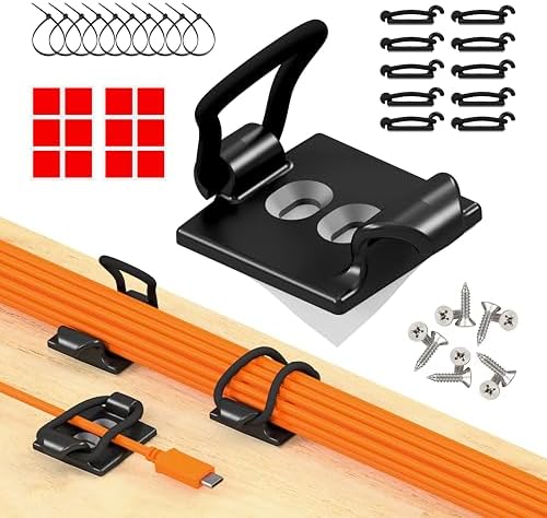 [Made in the UK] 10-Pack Adjustable Elastic Adhesive Cable Clips, Wire Management Holder, Cord Organizer for Home Office, Under Desk, Behind TV, Phone Charger, Laptop, PC, HDMI, USB (Black) by CableGenie