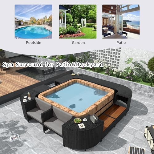 Outdoor Spa Surround Sofa Set Rattan Sectional Hot Tub Frame with Cushioned & Wooden Seats, Storage Cabinets & Table Surfaces for 74" Portable Spa, All-Weather Quadrilateral Hot Tub Surround, Grey - Image 4