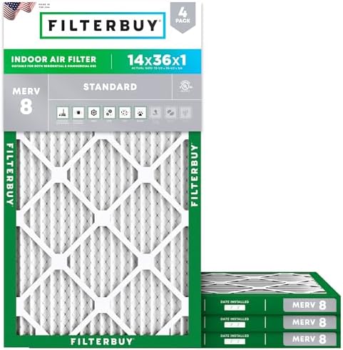 Filterbuy 14x36x1 Air Filter MERV 8 Dust & Allergy Defense (4-Pack) by Filterbuy