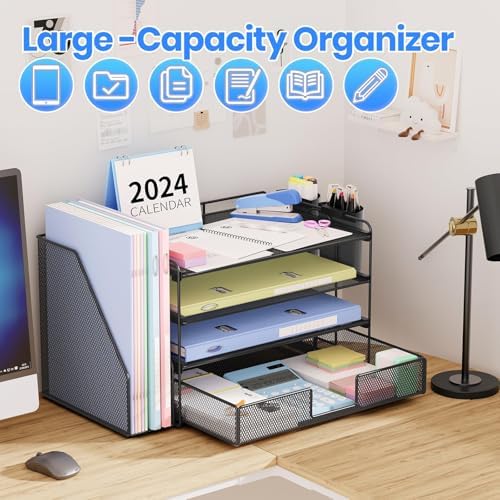 OPNICE Desk Organizer, 4-Tier Desktop File Organizer with Drawer and Pen Holders, Office Desk Accessories, File Sorters, Workspace Organizers for Office Supplies(Black 2-Pack) - Image 7