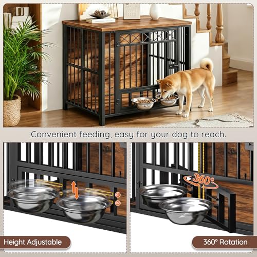 HOOBRO Foldable Dog Crate Furniture with 360° Rotating Double Bowls, Dog Crate End Table, Foldable for Travel, Holds 110 lb, for Small to Medium Dogs, Rustic Brown and Black BF61GW03 - Image 3