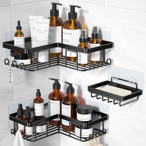 YASONIC Corner Adhesive Shower Caddy, with Soap Holder and 12 Hooks, Rustproof Stainless Steel Bathroom Organizer, No Drilling Wall Mounted Rack, Black, 3-Pack by YASONIC