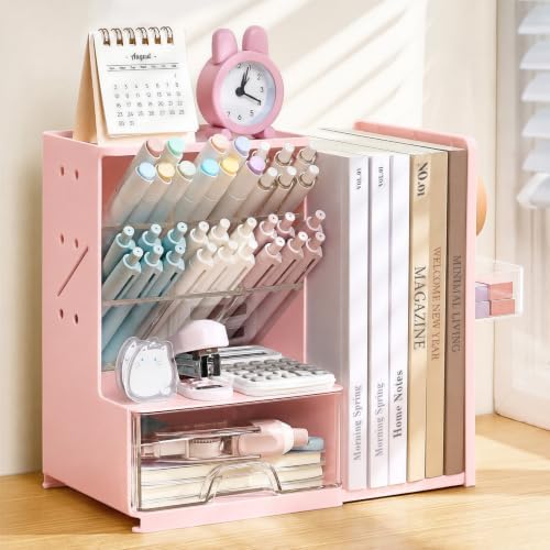 Sooez Desk Organizer with Bookends, Pegboard & Drawer, Pen & Pencil Holder - Image 2