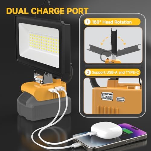 2026 Upgraded Cordless LED Work Light for Dewalt 20V Battery,148W 14800LM Dual Brightness Jobsite Light with USB-C Charging,Low Voltage Protection for Car Repair,Construction & Emergency - Image 2