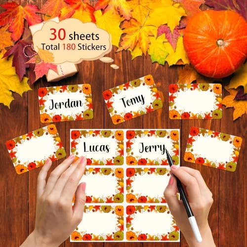 180PCS Fall Name Tags Stickers Thanksgiving Gift Labels Tag, Autumn Pumpkin Maple Leaves Fall Gifts Tag Sticker Thanksgiving Name Label for Autumn Gift Packaging Organizing Party Supplies - Image 3