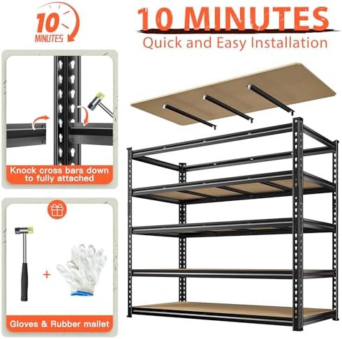 Romorgniz 72.02" H Garage Shelves 5 Tier Storage Shelves Organizers,2500 LBS Heavy Duty Adjustable Shelving Unit,Garage Shelves Metal for Basement, Warehouse,Commercial,School,55.1" W x 24.4" D - Image 7