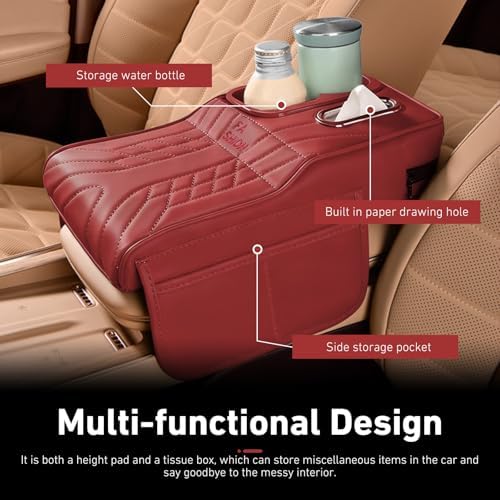 Car Center Console Booster Cover, Multifunctional Car Interior Arm Rest Box Storage Cushion with Cup Holder, Tissue Box, Side Pockets, Leather Memory Foam Armrest Pillow Protection (Red) - Image 4