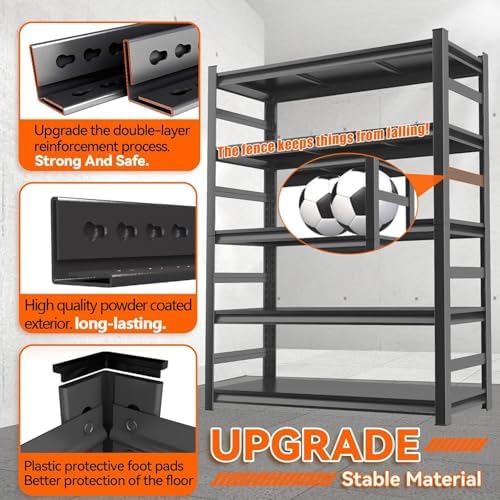 72"H Metal Garage Shelving Unit, Heavy Duty 5-Tier Adjustable Storage shelves, Steel Shelving, 3000 LBS Capacity, Industrial Shelves for Heavy Tools and Equipment, Ideal for Garage, Basement, Black - Image 5