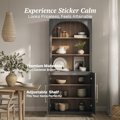 BELLEZE 72" Tall Storage Cabinet with Hutch, Modern Wood Sideboard with Arched Doors and 3-Tier Shelves, Display Curio Cabinet for Kitchen, Dining Room, Living Room, or Office, Ebony - Image 4