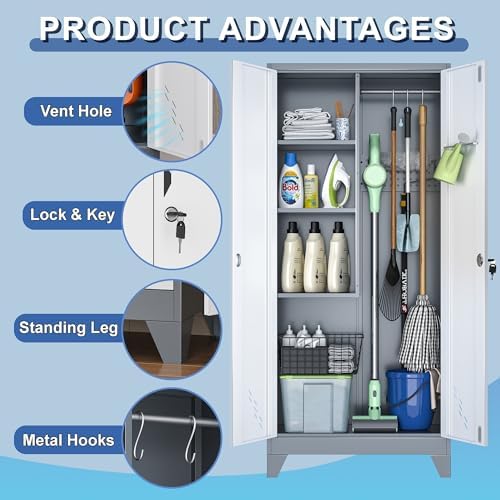 Metal Garage Storage Cabinets with Lock- 61" Tall Broom Closet Storage Cabinet & Pantry Organizer for Laundry Room, Home Office, Gym, School - Image 4