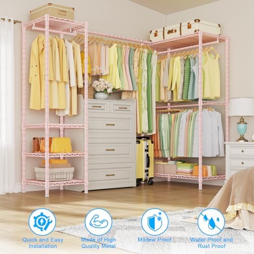 ULIFHOME E10L L-Shaped Clothes Rack for Corner（With Expandable Hanger Rod）Heavy Duty Freestanding Clothing Racks for Hanging Clothes，Portable Garment Rack 58-82"W x 30"D x 72"H，Max Load 900LBS, Pink - Image 5